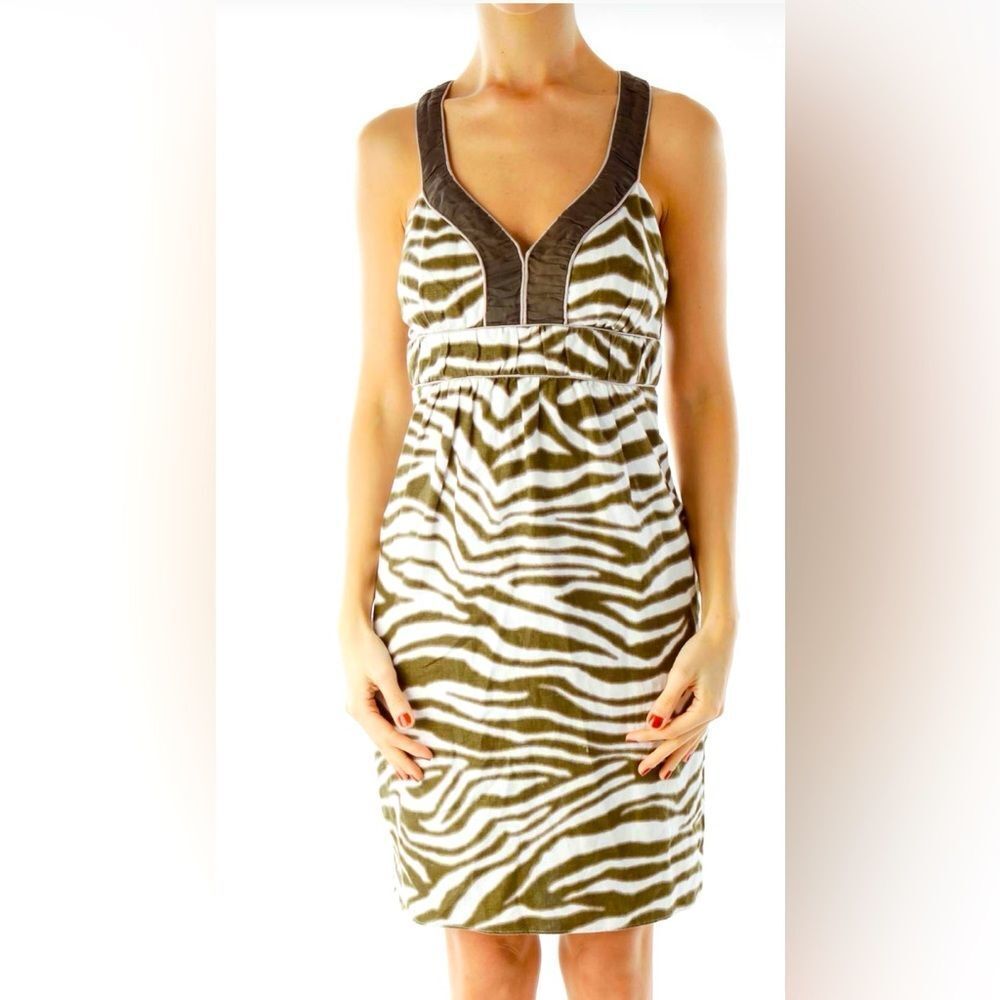 Banana Republic Brown Cream Zebra Print Linen Dress Size 2 NWT  10 362
